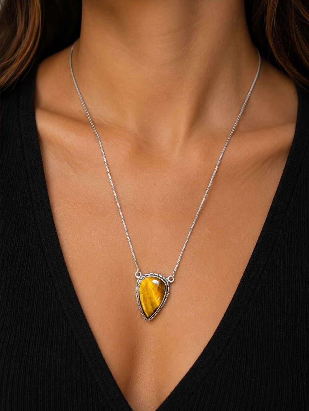 Silver Plated Tiger Eye Teardrop Pendant Necklace Real Stone Vintage Style 18”